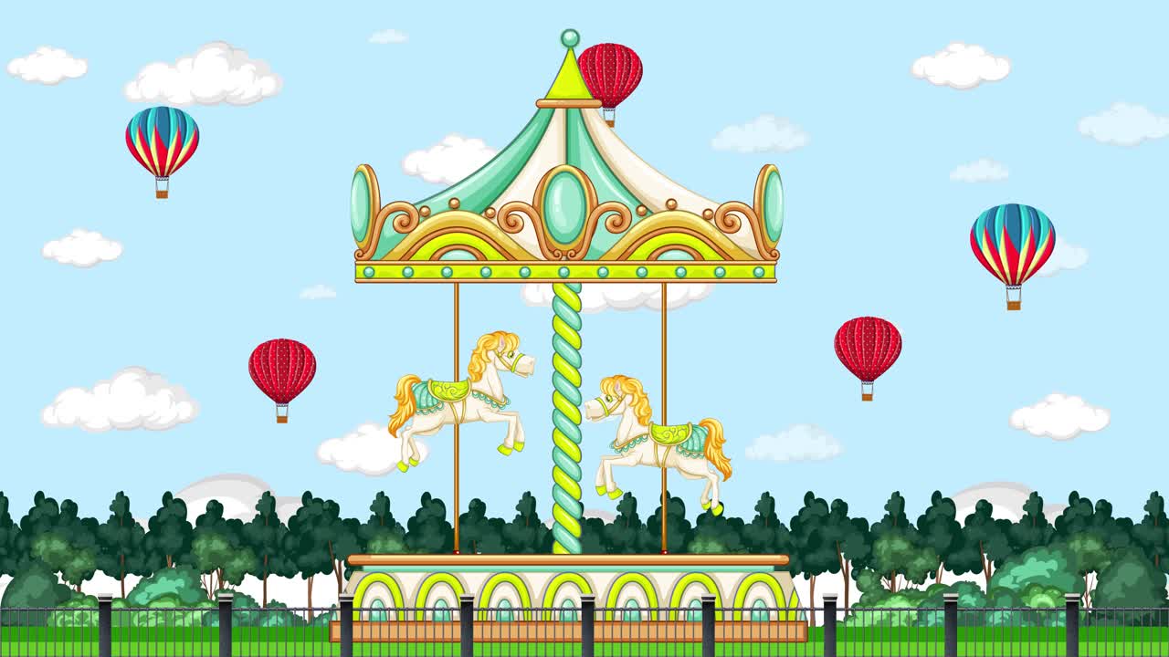 A colorful carousel rotates in a park under a blue sky with floating balloons