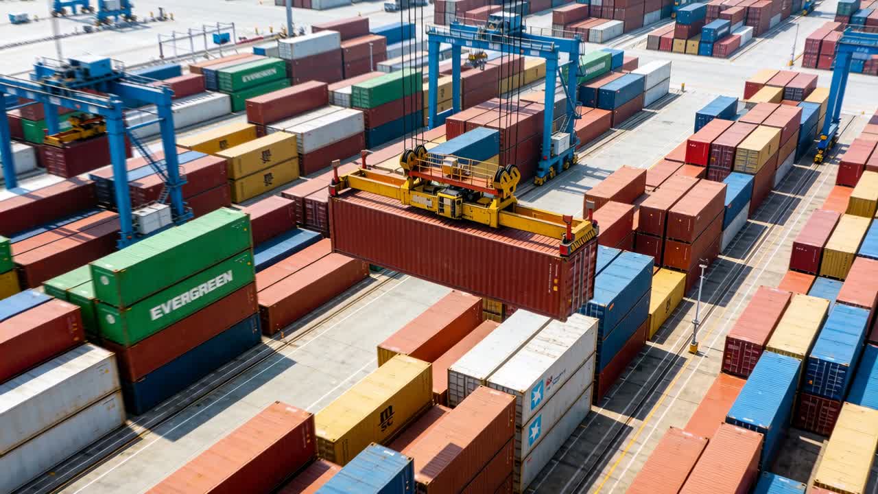 Ricevendo il segnale di controllo, uno spreader giallo solleva un container rosso sospeso al terminal verso il binario