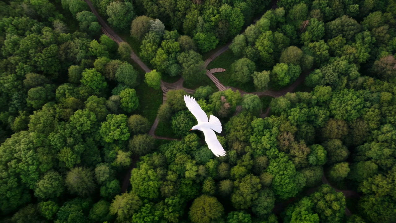White Bird Gliding Above Forest Canopy, Aerial Drone Captures Winding Trails And Sunlit Treetops, Serene