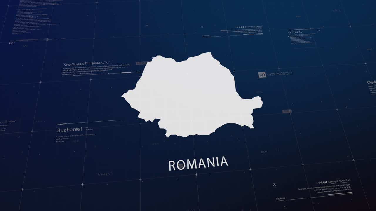 Romania country map comes to life with cinematic panning, unveiling key details, the capital, and slogan, providing an engaging background for corporate and commercial use