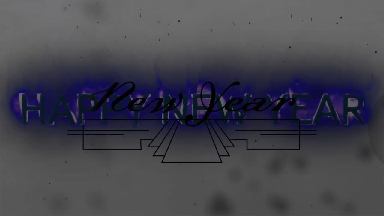 Animation of happy new year greetings in blue flames over decoration