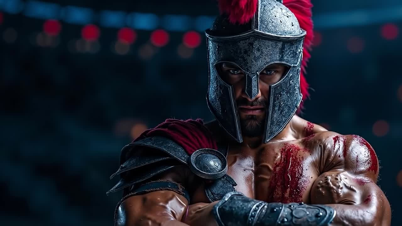 A man in a spartan helmet with blood on his face