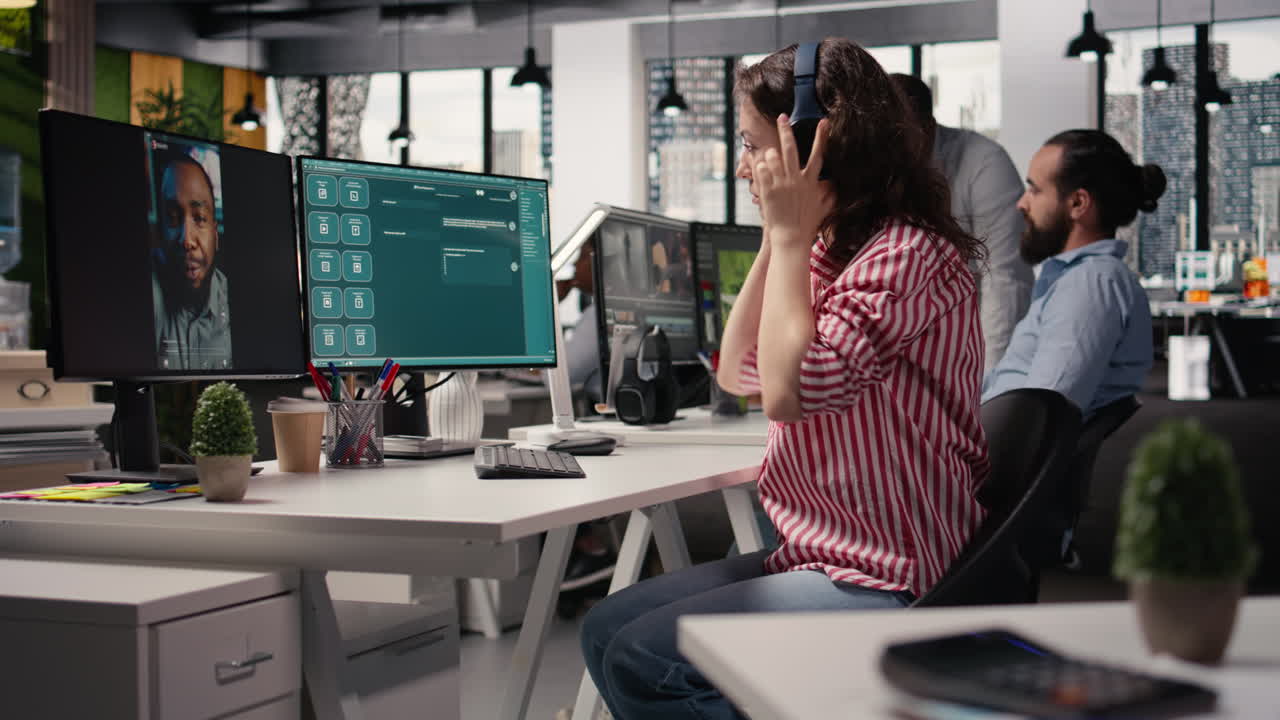 Woman staff writes prompt on generative AI agent chatbot software
