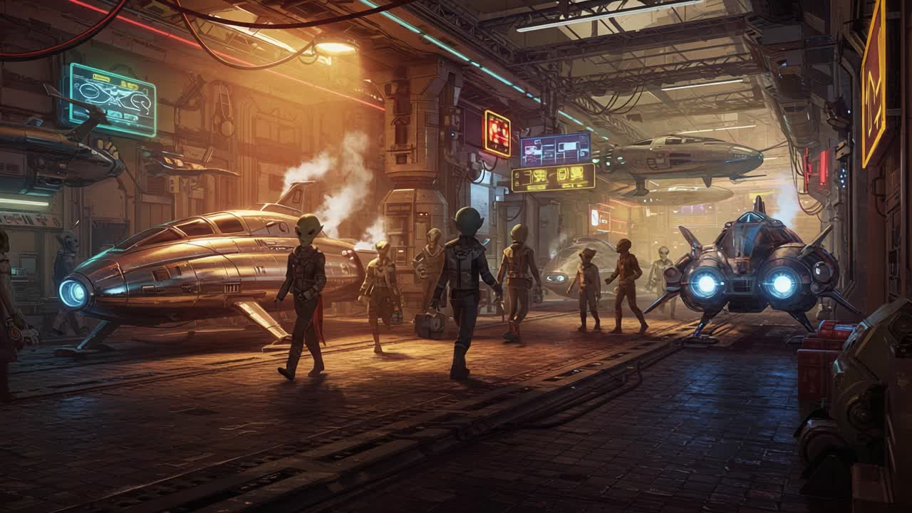 A bustling futuristic spaceport scene depicting various sleek starships and humanoid figures navigating a high-tech, illuminated environment filled with neon signage and industrial elements