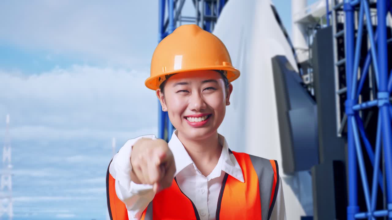 안전 헬을 입은 아시아 여성 엔지니어가 웃으며 가을 만지며 우주왕복선과 함께 서있는 동안 당신을 가리키고 있습니다.