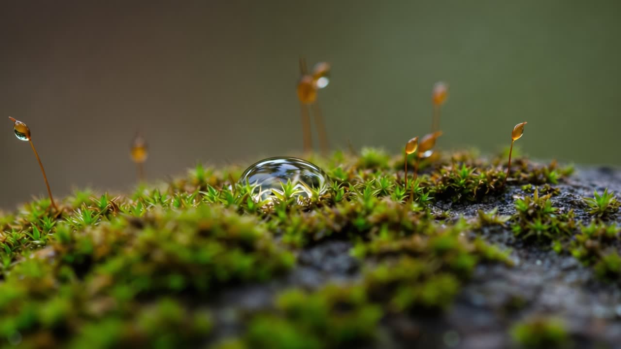 A Close-Up View of Fresh Dew Droplets on Vibrant Green Moss, Capturing Nature's Beauty and the Delicate Details of Mossy Growth in an Artistic Perspective