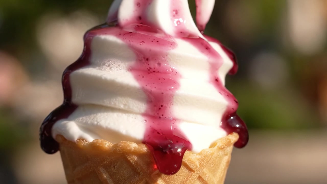 Un delizioso e cremoso cono gelato soft guarnito con una colorata glassa sciropposa, perfetto per una rinfrescante delizia nella stagione calda.
