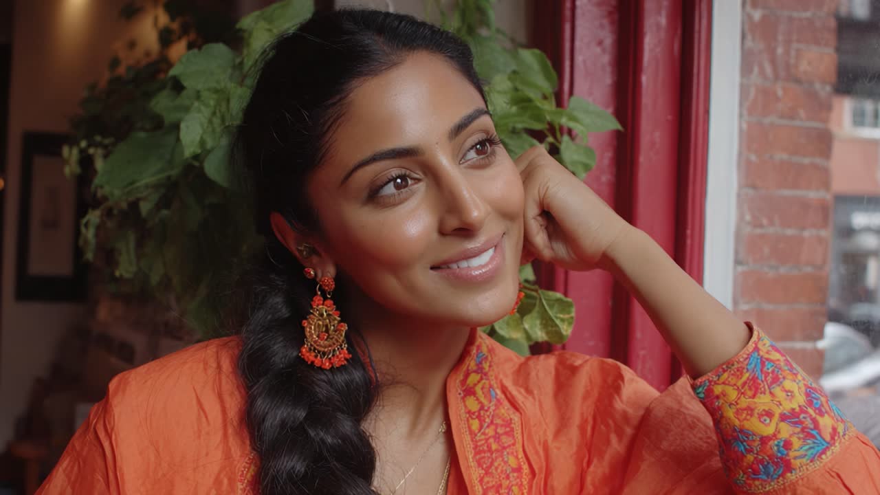 Een prachtige vrouw in een oranje outfit geniet van een moment van bezinning bij het raam, omringd door levendig groen en warme interieurverlichting