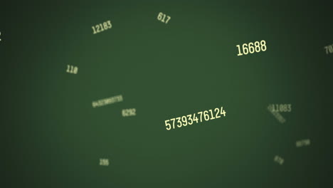 digital animation of multiple changing yellow numbers floating against green background