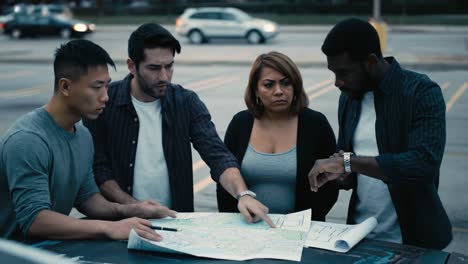 a group of friends analyzing a map in an urban setting, engaging in a thoughtful discussion about their next steps or destination together