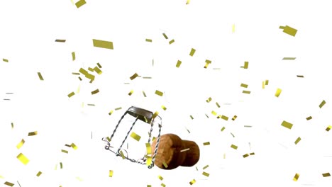 Golden-confetti-falling-over-wine-cork-and-opener-falling-against-white-background