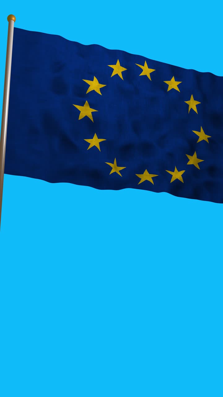 Loop continuo della bandiera dell'Unione Europea che sventola contro un cielo azzurro brillante. Rendering 3D di alta qualità per notizie europee, eventi internazionali e concetti di unità.
