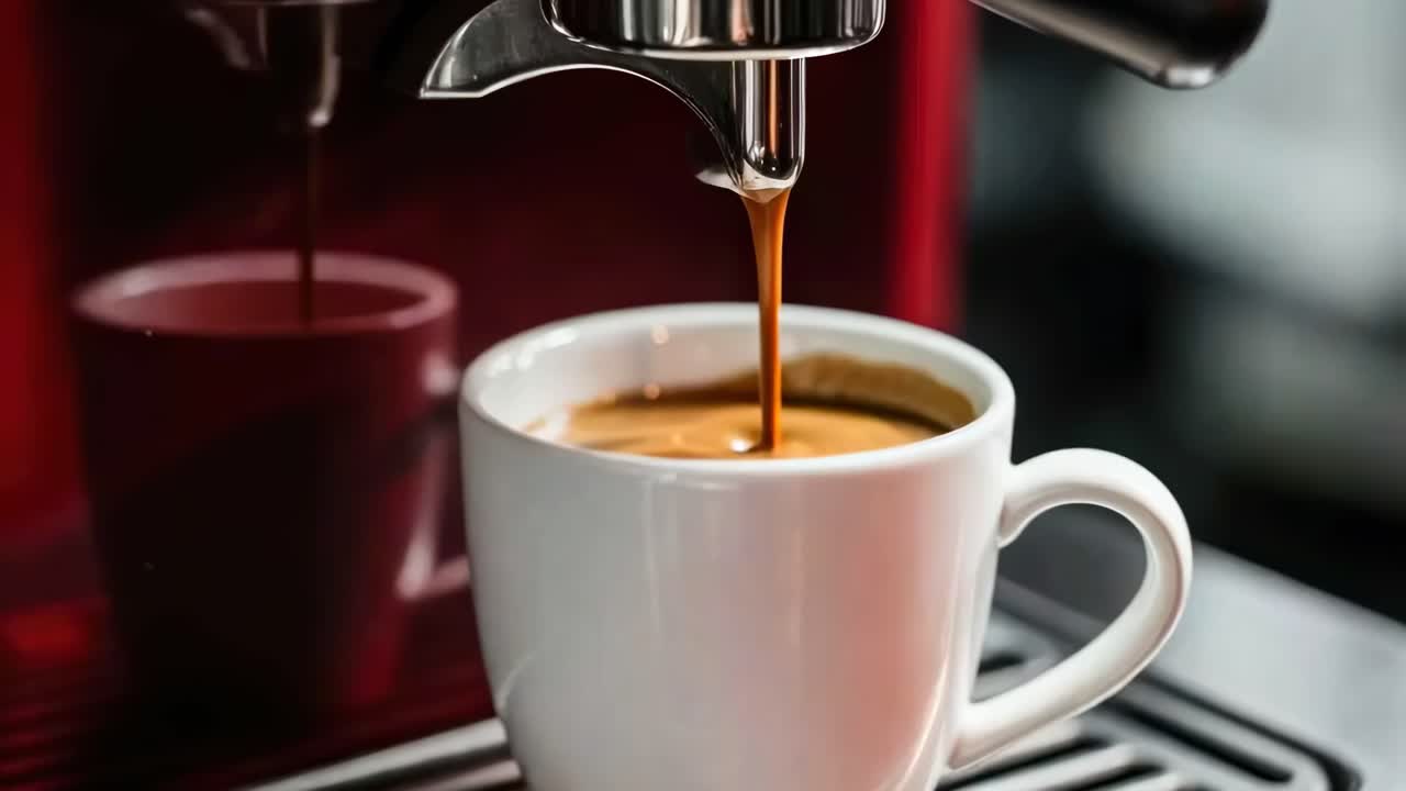 Nærbillede af espresso, der hældes fra en maskine ned i en hvid kop, og indfanger den fyldige tekstur