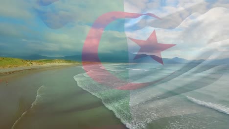 Animation-Der-Flagge-Algeriens,-Die-über-Der-Strandlandschaft-Weht