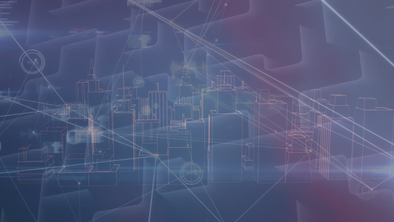animación de puntos conectados con gráficos e íconos de ondas de sonido sobre laberinto contra el modelo 3d de edificios.
