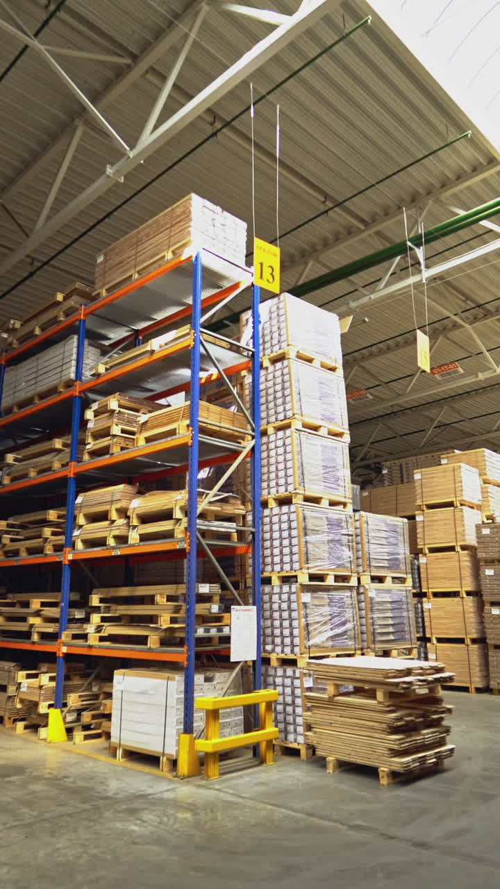 Modern industrial factory. Manufacture of flooring, parquet processing. Vertical video