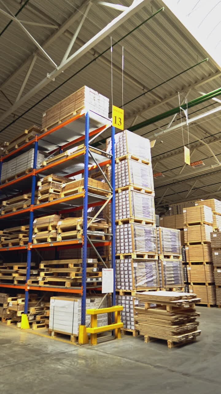 Modern industrial factory. Manufacture of flooring, parquet processing. Vertical video