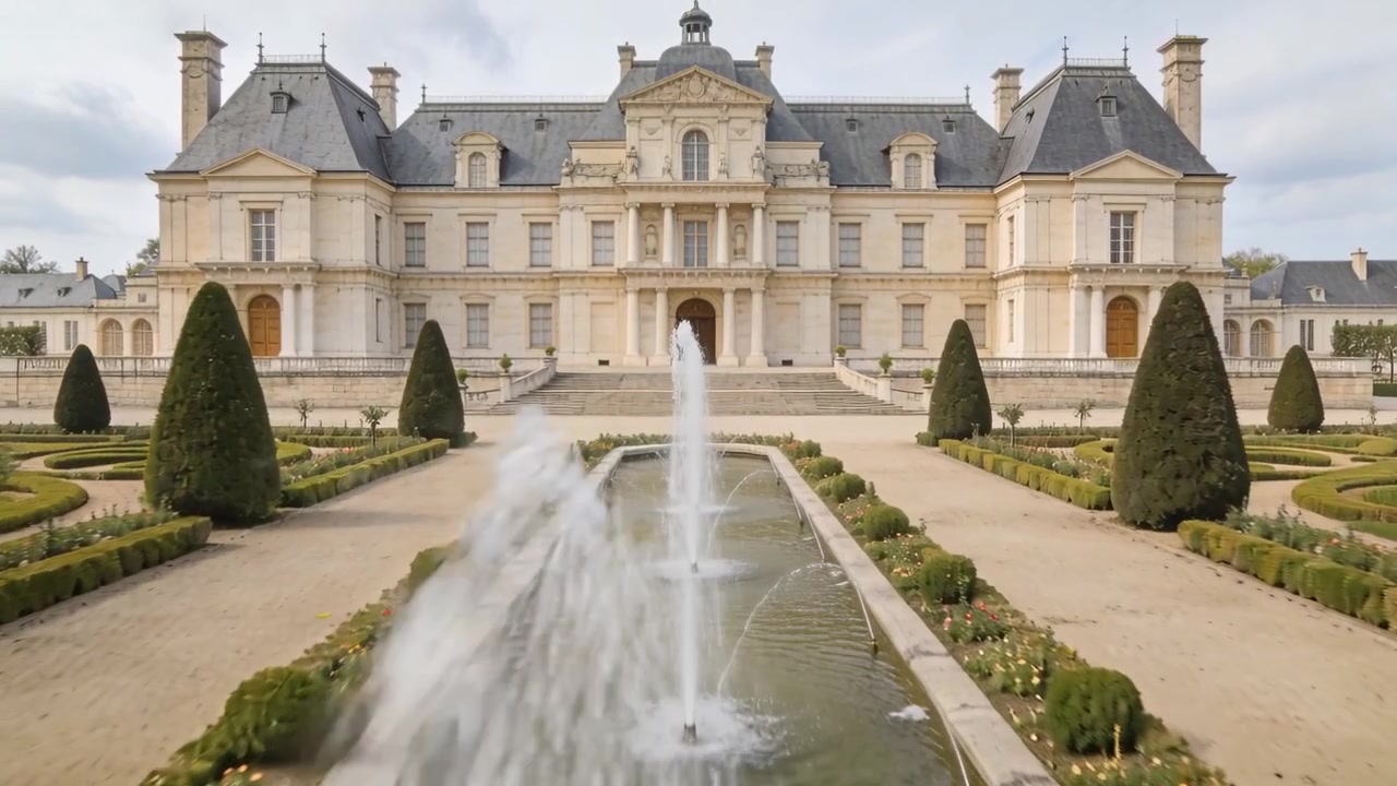 Mostrando un castello con piscina, un getto della fontana che pulsa in un giardino formale, con spruzzi laterali dovuti alla brezza.