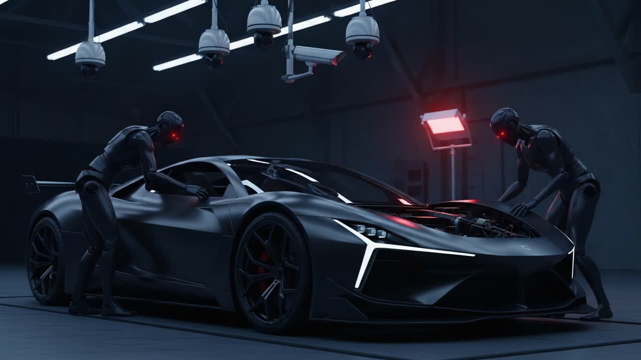 Futuristic Robots Inspecting a High-Performance Black Sports Car in a Dimly Lit Workshop Setting with Advanced Technology and Sleek Design Elements