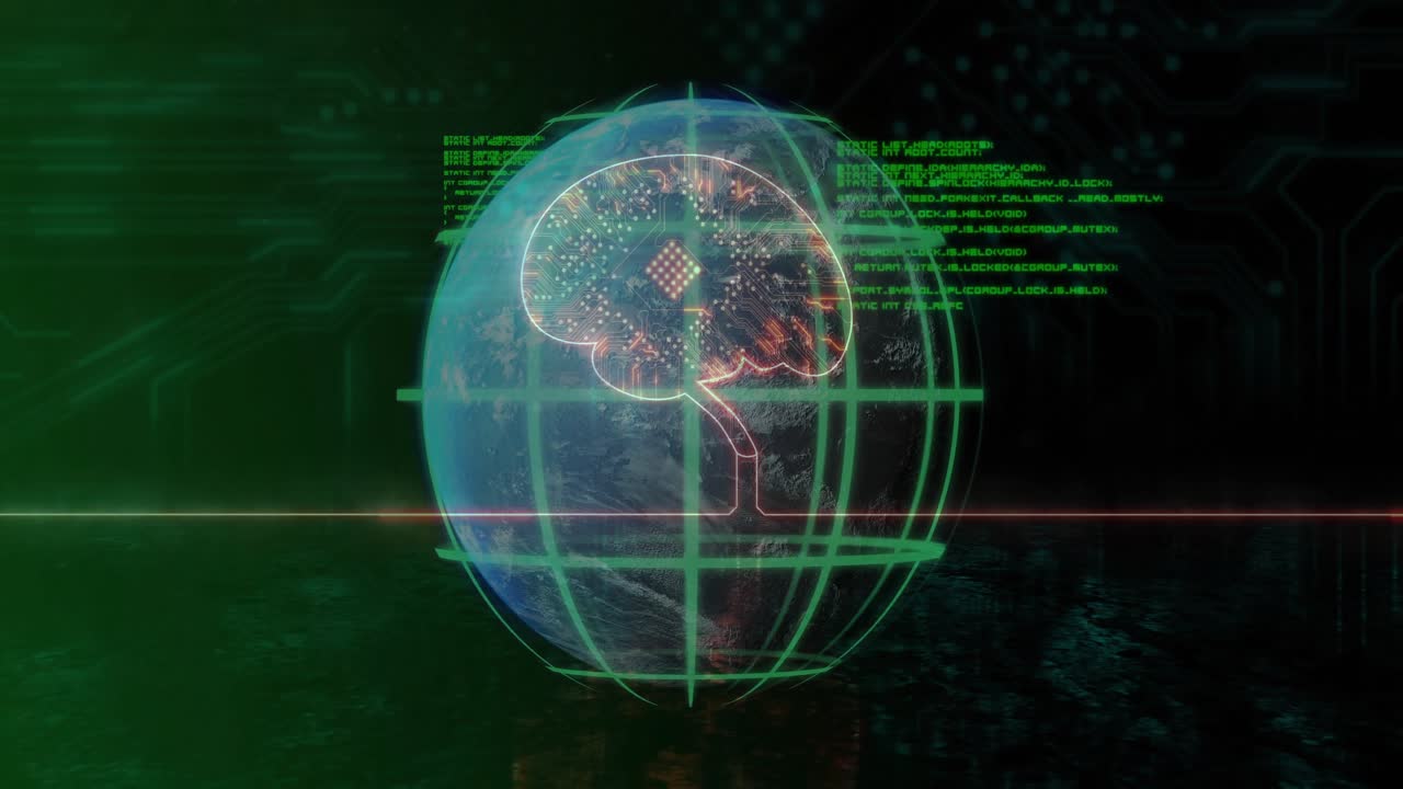 On activation, hologram globe with brain-chip pulsing, code sliding, visualizing neural data