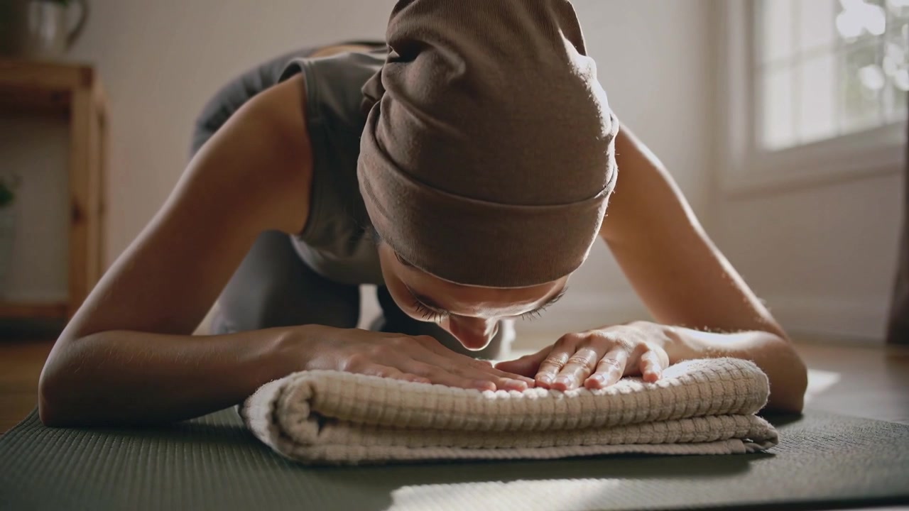 Donna che si appoggia, indossando un berretto e leggings, appoggiando la fronte su un asciugamano su un tappetino da yoga a casa, rilassandosi.