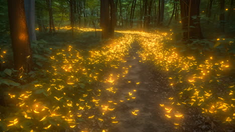 a serene forest path illuminated by glowing leaves