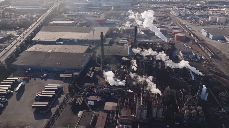 Industrial complex with smokestacks in hamilton, ontario, during daylight, aerial view