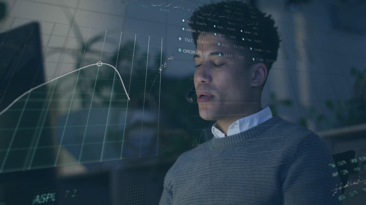 Animation of financial data processing over biracial businessman
