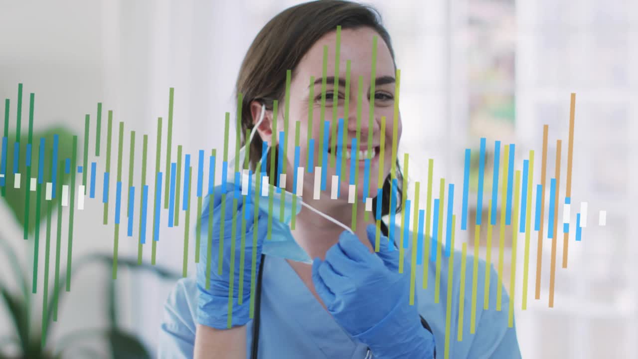forma de onda que muestra a una profesional sanitaria ajustándose y quitándose la mascarilla, mostrando una sonrisa