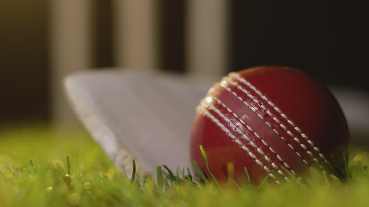크리켓은 아직도 잔디 앞에 잔디에 누워있는 공과 박의 클로즈업으로 3