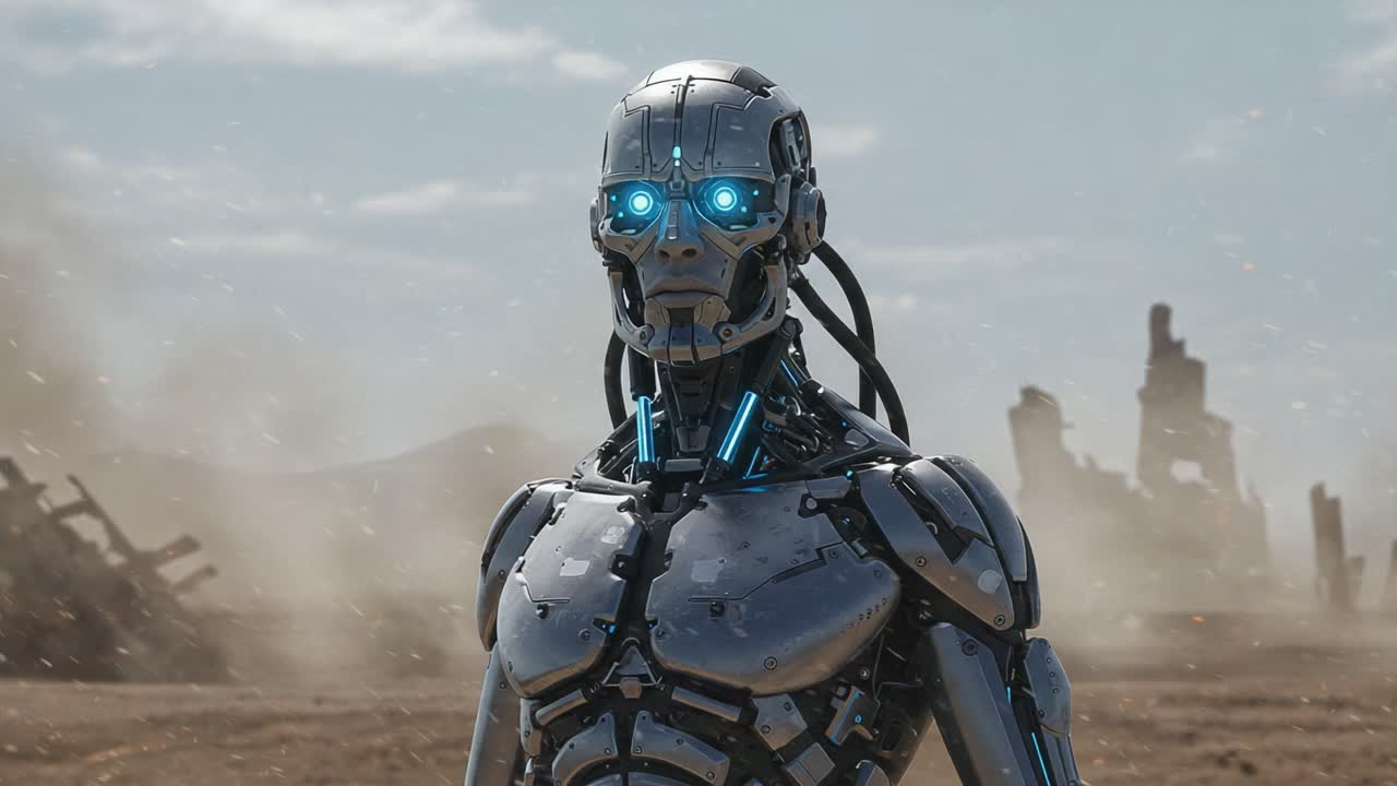A futuristic, humanoid robot with glowing blue eyes stands in a desolate landscape, showcasing advanced technology amidst remnants of a bygone civilization