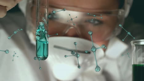 examining test tube, scientist with molecular structure animation in laboratory background