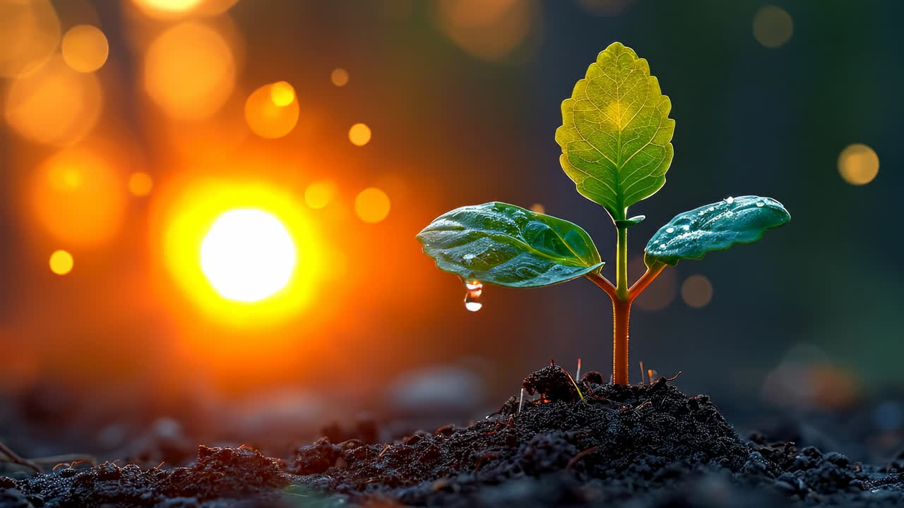 New plant grows in warm sunset glow. A small green plant sprouts from dark soil as the sun sets, creating a warm golden light that enhances its beauty