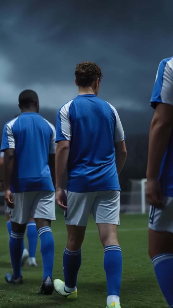 Um grupo de jogadores de futebol com uniformes azuis caminha com confiança para o campo sob um céu dramático, prontos para enfrentar seus oponentes em uma partida emocionante