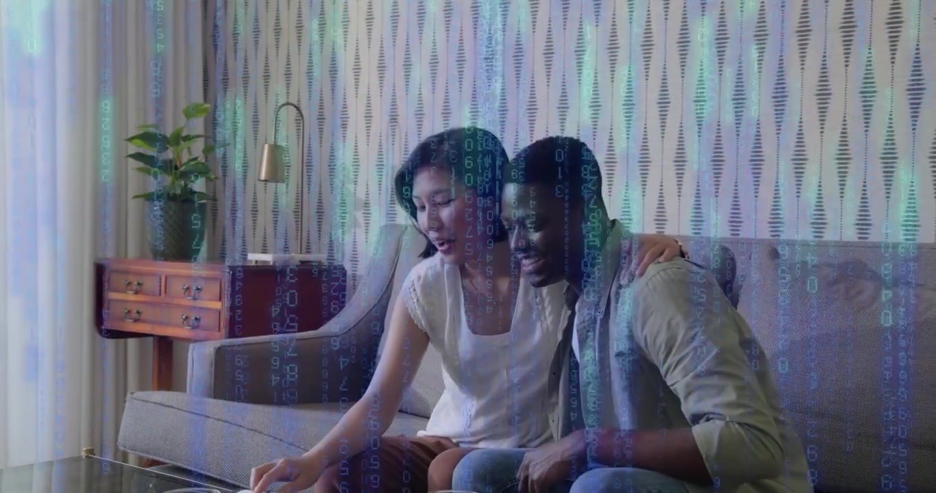 woman reviewing sheet while man entering with water pointing lines for data review code overlay