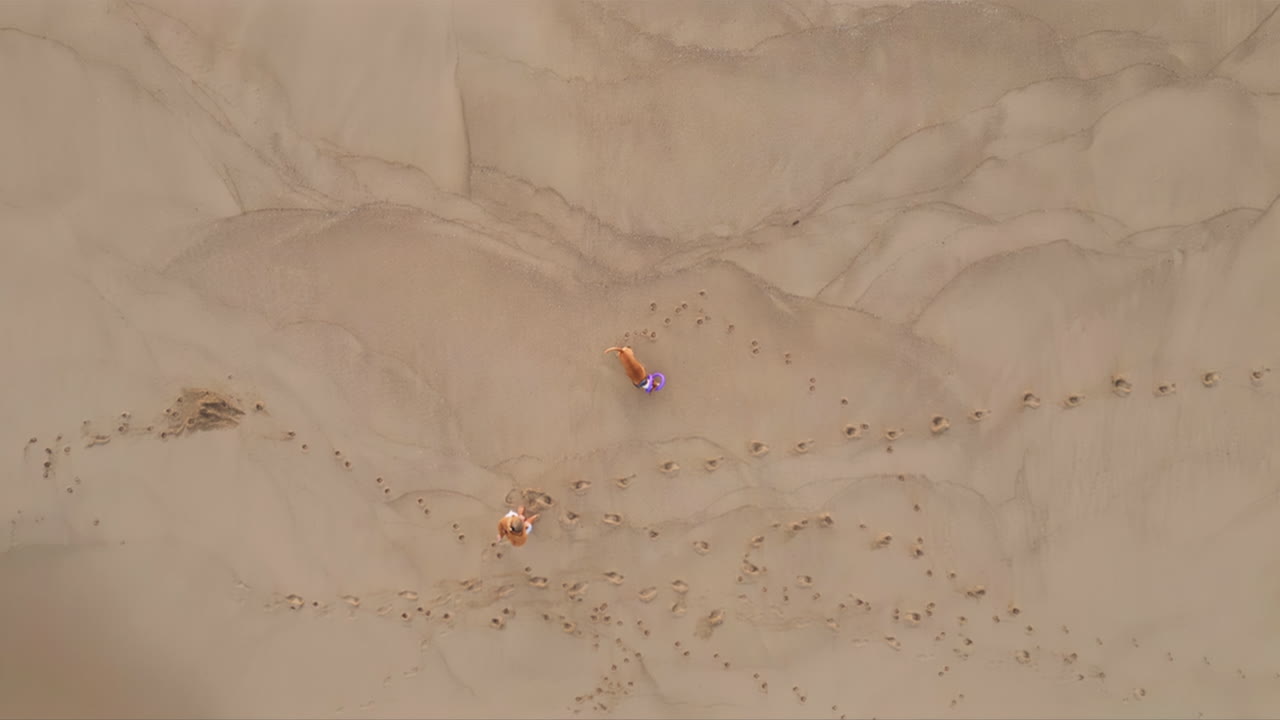 수직으로 모래 해변을 볼 수 있습니다. 공중 바다 파도가 발자국과 함께 해안선을 굴러