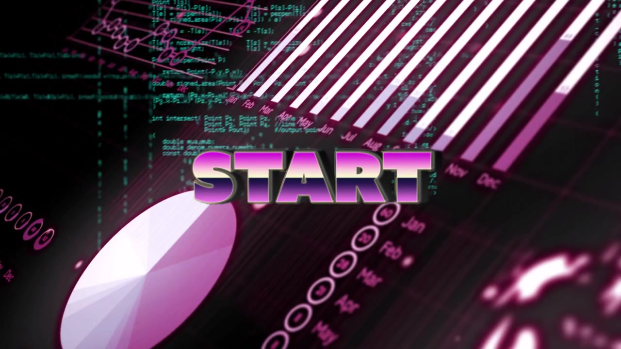 Pink script scrolling initiating code receding, START title emerging charts animating showing data