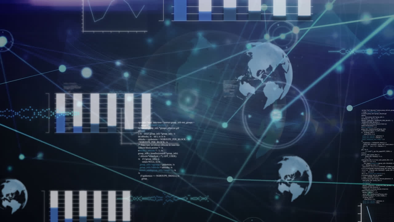 Animation of data and network of connections on dark background