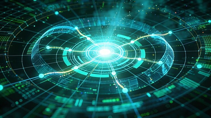 Pulsing holographic interface emitting core pulse in matrix, launching tracers forming wireframes