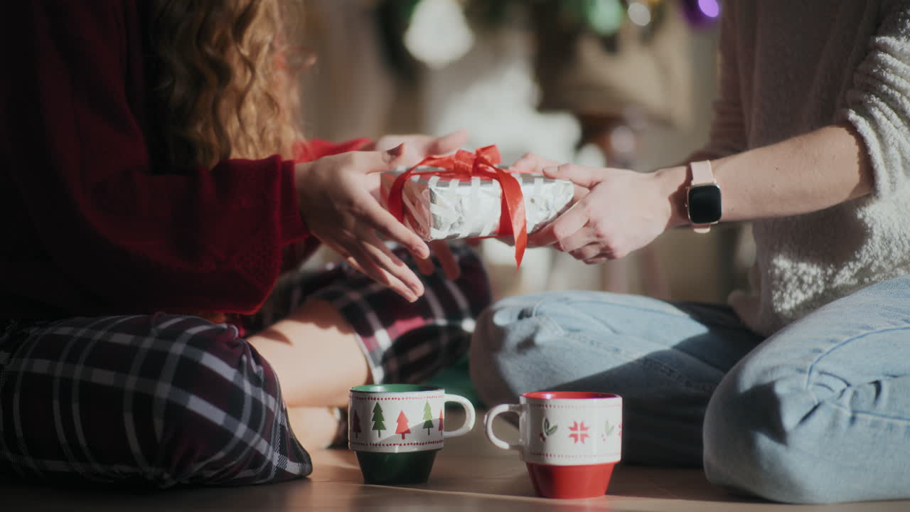 집 의 바닥 에 앉아 있는 여자 가 자매 에게 크리스마스 선물 을 주는 것