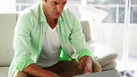 Man-sitting-on-sofa-and-using-laptop-in-living-room