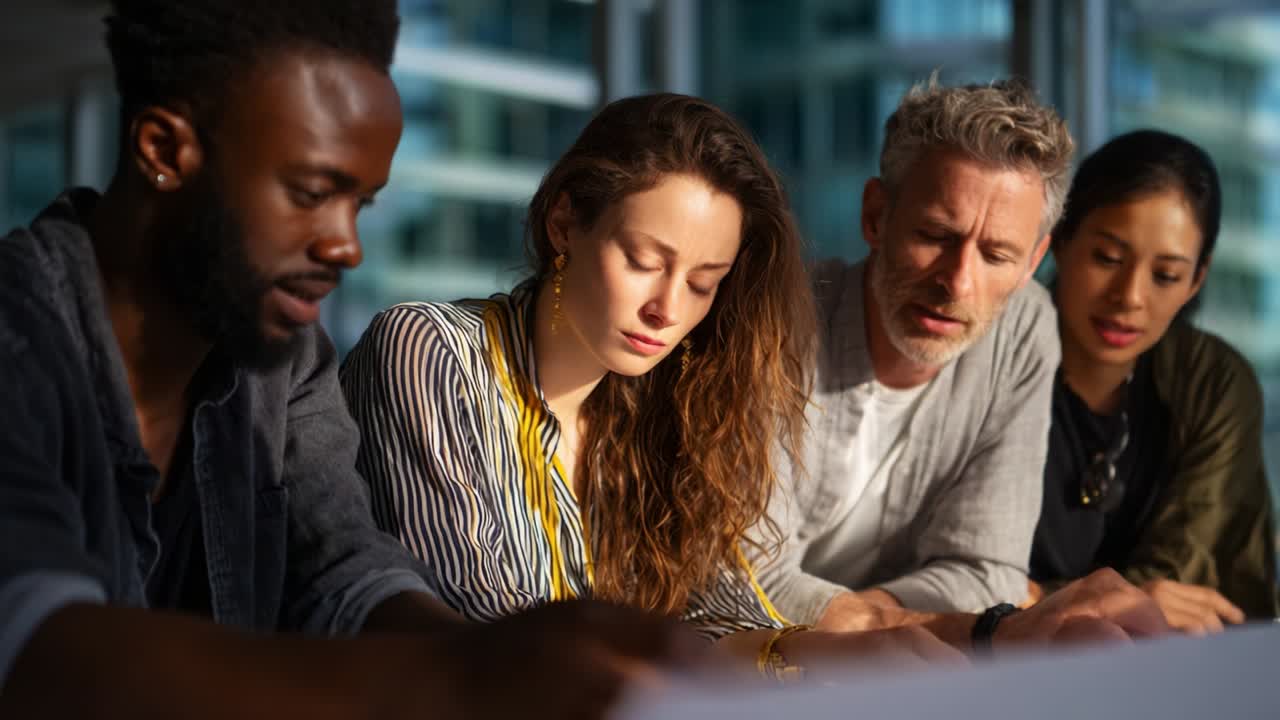 Group of Professionals Collaborating in a Modern Workspace, Engaged in a Serious Discussion while Analyzing Documents, Sharing Ideas and Insights for a Creative Project or Meeting
