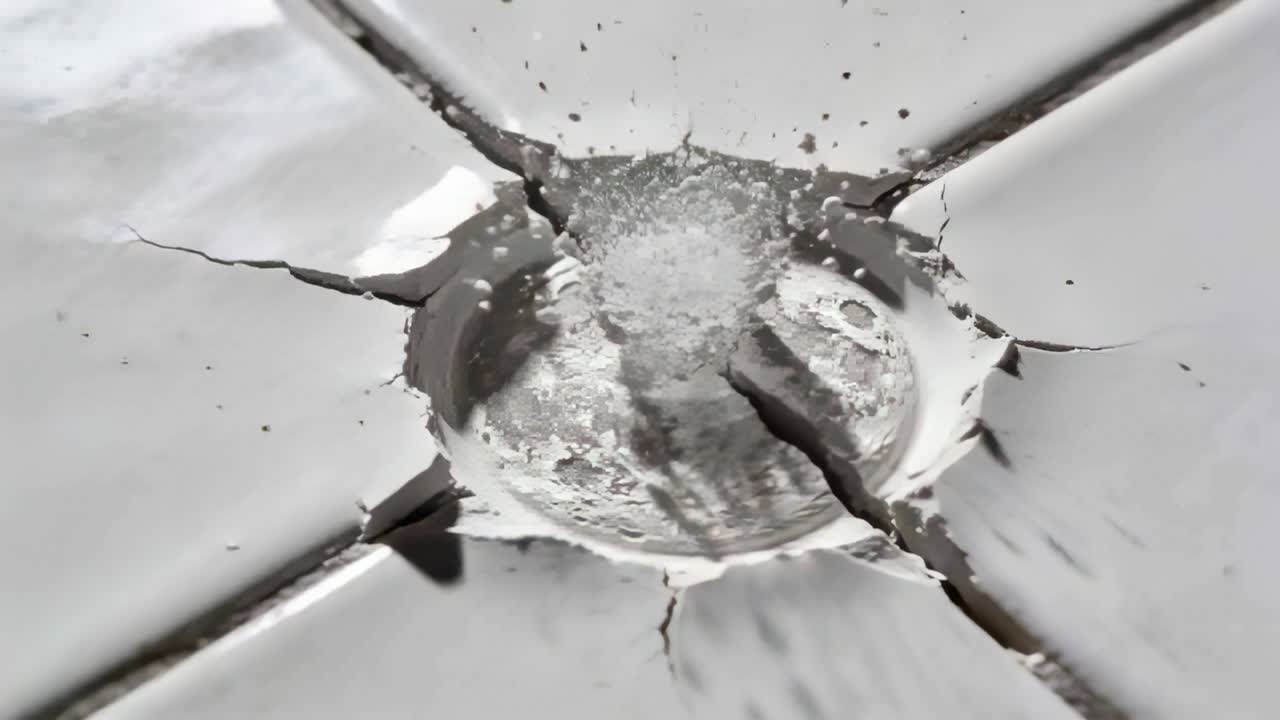 Bursting suddenly, central drain ejecting liquid and shards across glossy tiles, cracks widening