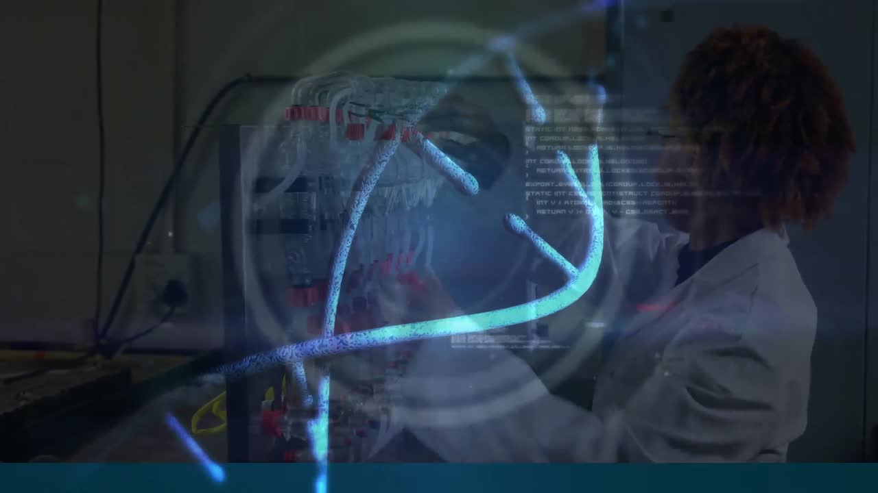 실험실에서 일하는 여성 과학자에 대해 dna 구조가 회전합니다.