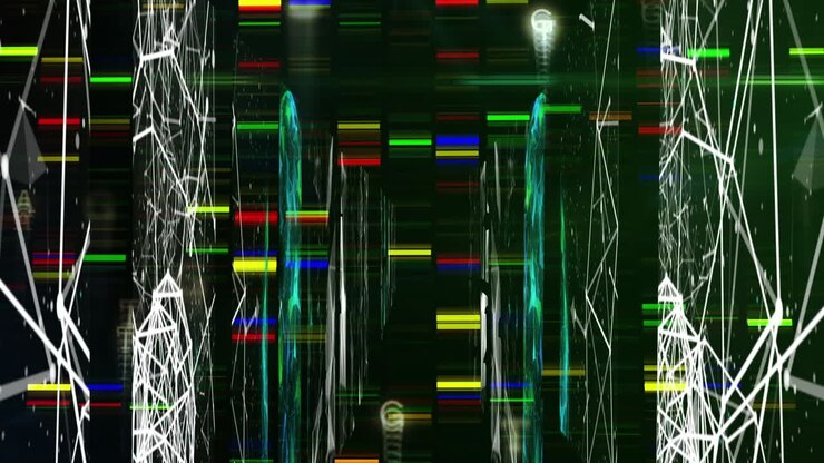 Animation of shapes and data processing over black background