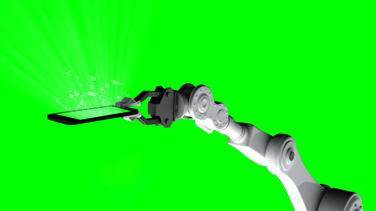 video generado digitalmente de un brazo robótico sosteniendo un teléfono móvil con un símbolo matemático que se eleva