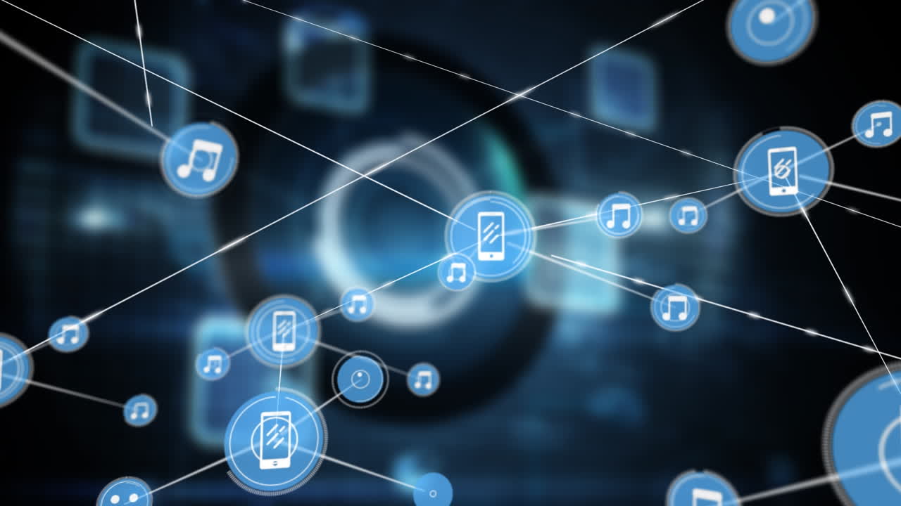 animação de rede de conexões com ícones sobre formas em fundo preto