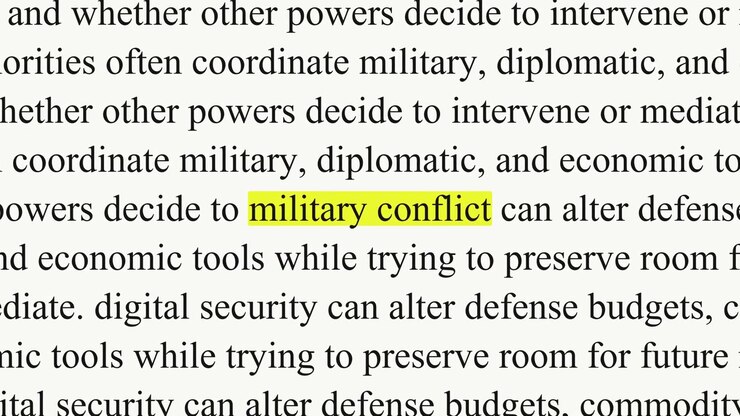 Military conflict appears in a yellow highlight while black serif paragraphs change, with text about readiness, sanctions and civilian impacts on a white background.