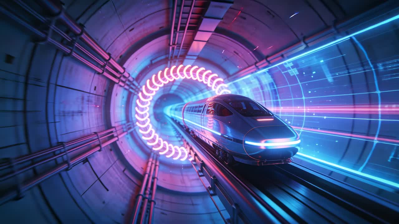 Treno maglev in corsa lungo un tunnel durante un test, con un anello neon che si attiva e una griglia olografica che proietta