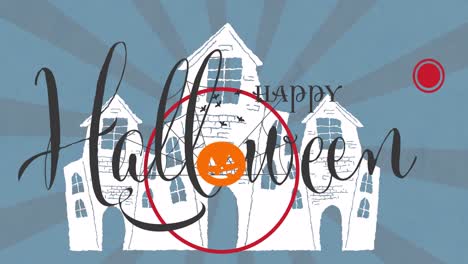 animation of happy halloween text with pumpkin, bats and red circles over house on blue stripes